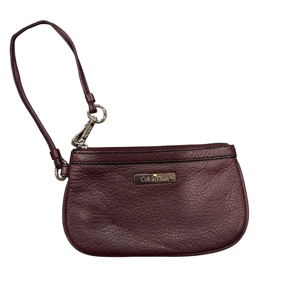 Calvin Klein Burgundy Pebbled Leather Wristlet Silver Logo Zip Pouch Wallet